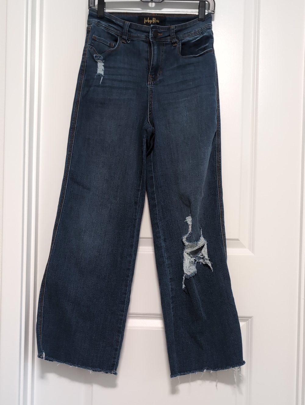 Indigo Rein Women's Dark Blue Distressed Wide-Leg Jeans